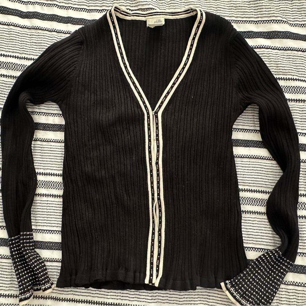 Black Ribbed Cardigan with White Trim